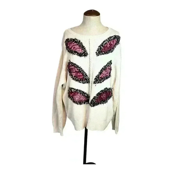 KOOS of Course! Women's 1X Beige Pullover Sweater Long Sleeve Paisley Fringe - Picture 1 of 7